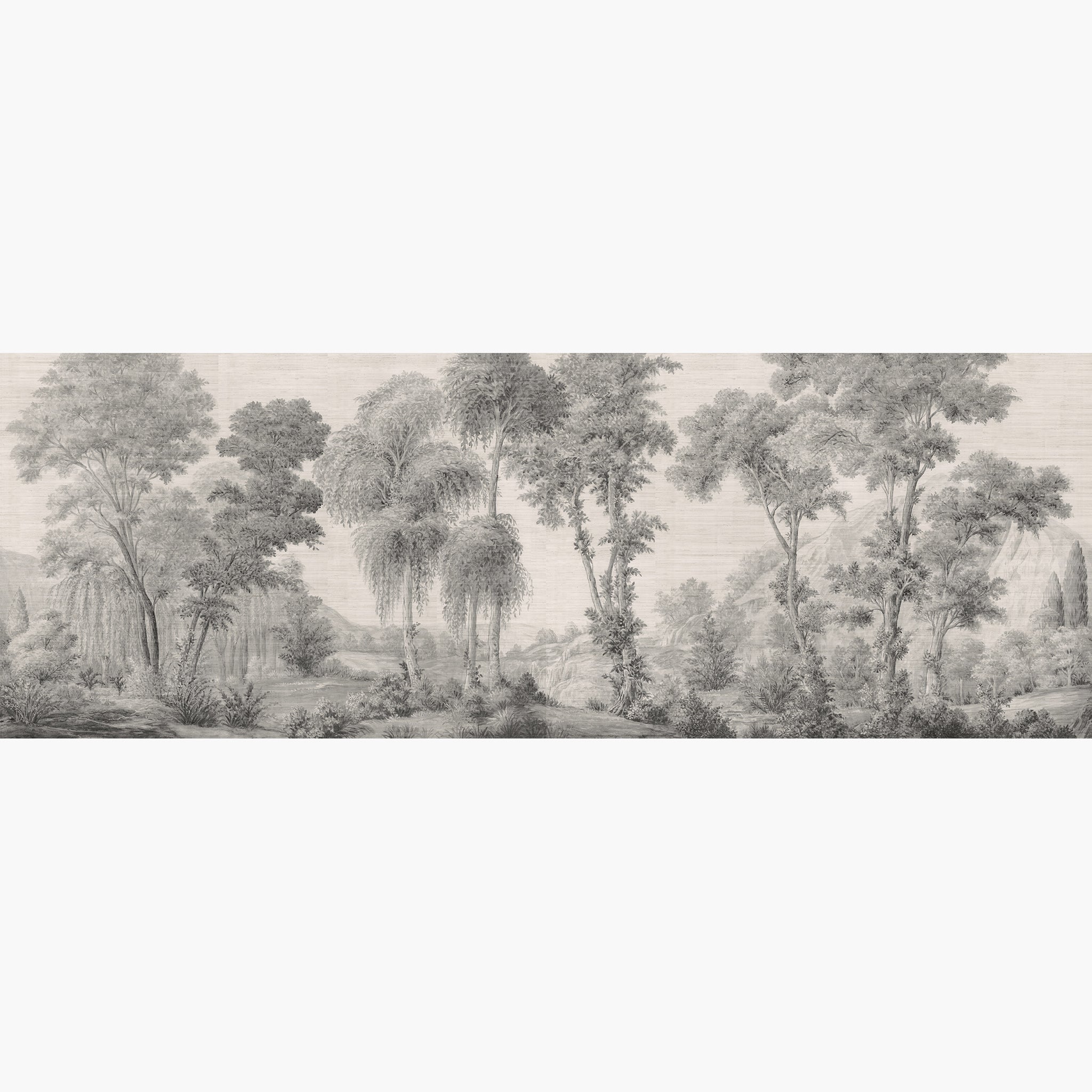Artwork of a panoramic wallpaper mural featuring a stately forest in painterly ash grey and parchment