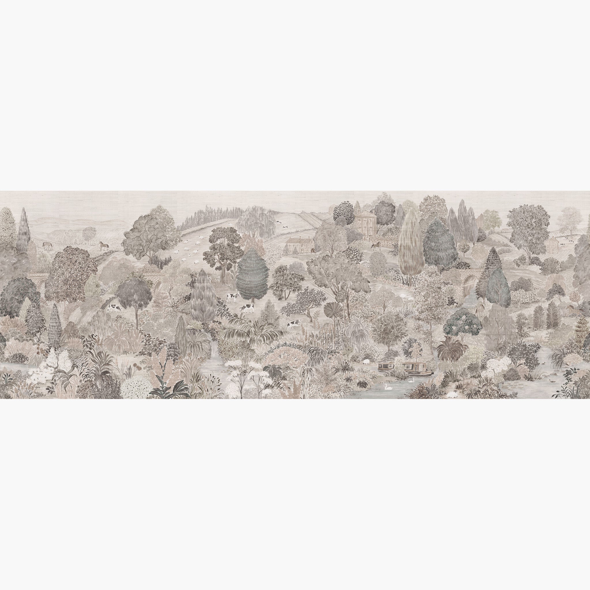 Artwork of a panoramic wallpaper mural featuring a gentle countryside landscape in almond, dusty rose, and mist