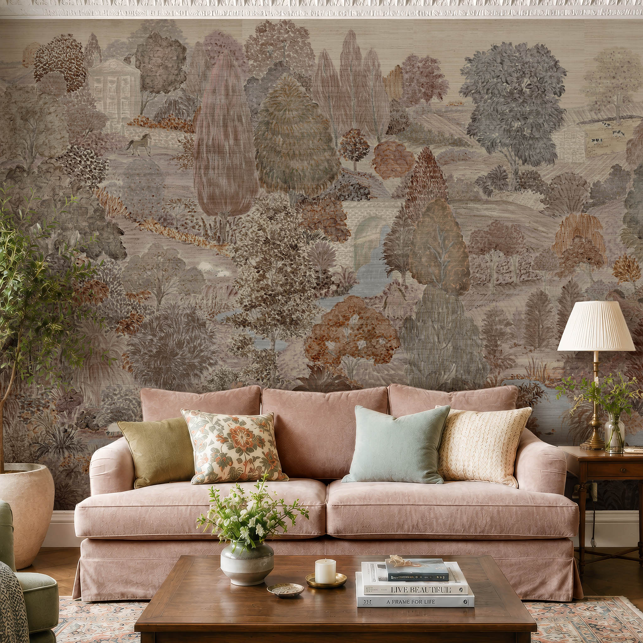 An interior living room featuring a panoramic grasscloth wallpaper mural of a countryside in clay and soft plum tones