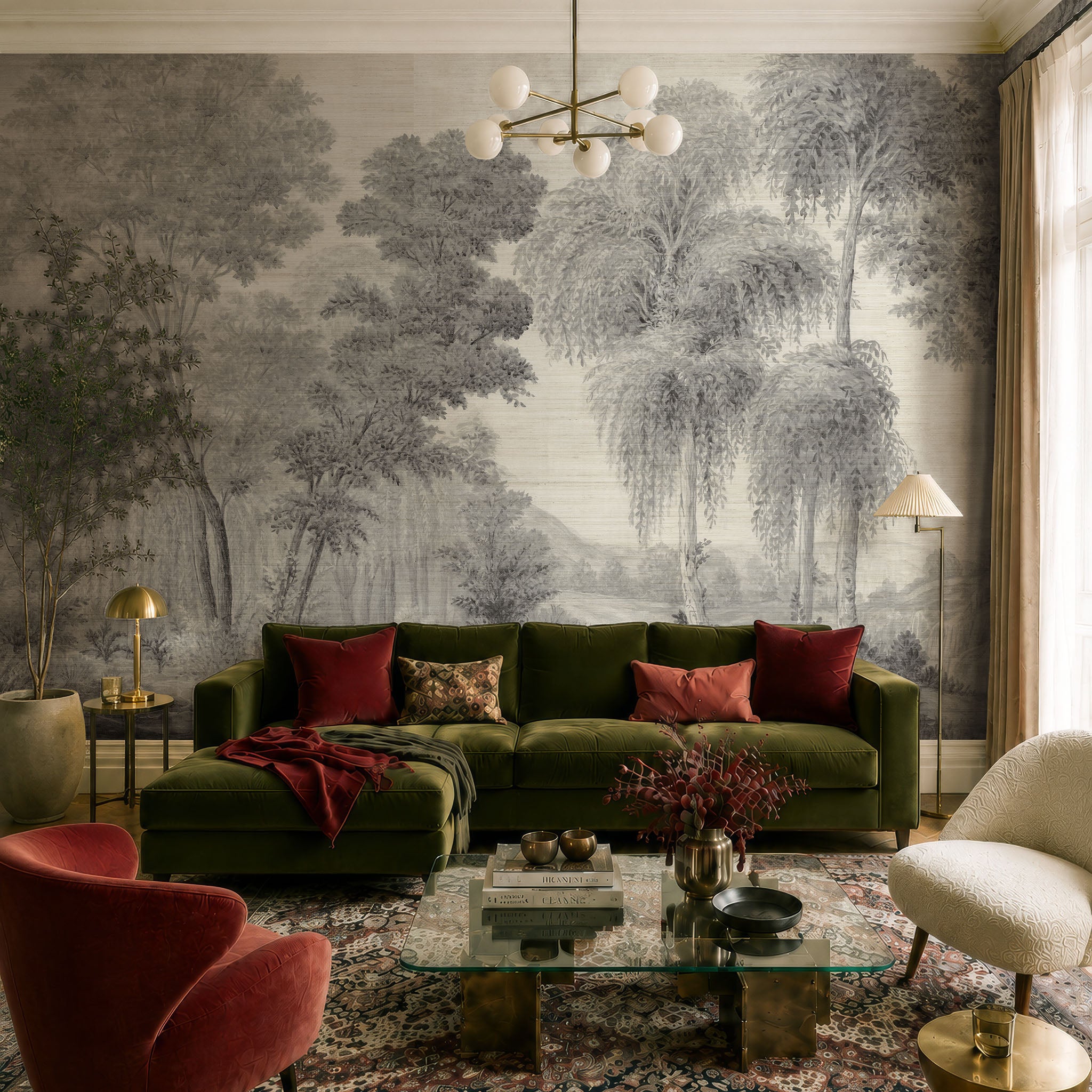 An interior living room featuring a panoramic grasscloth wallpaper mural of ash grey forest