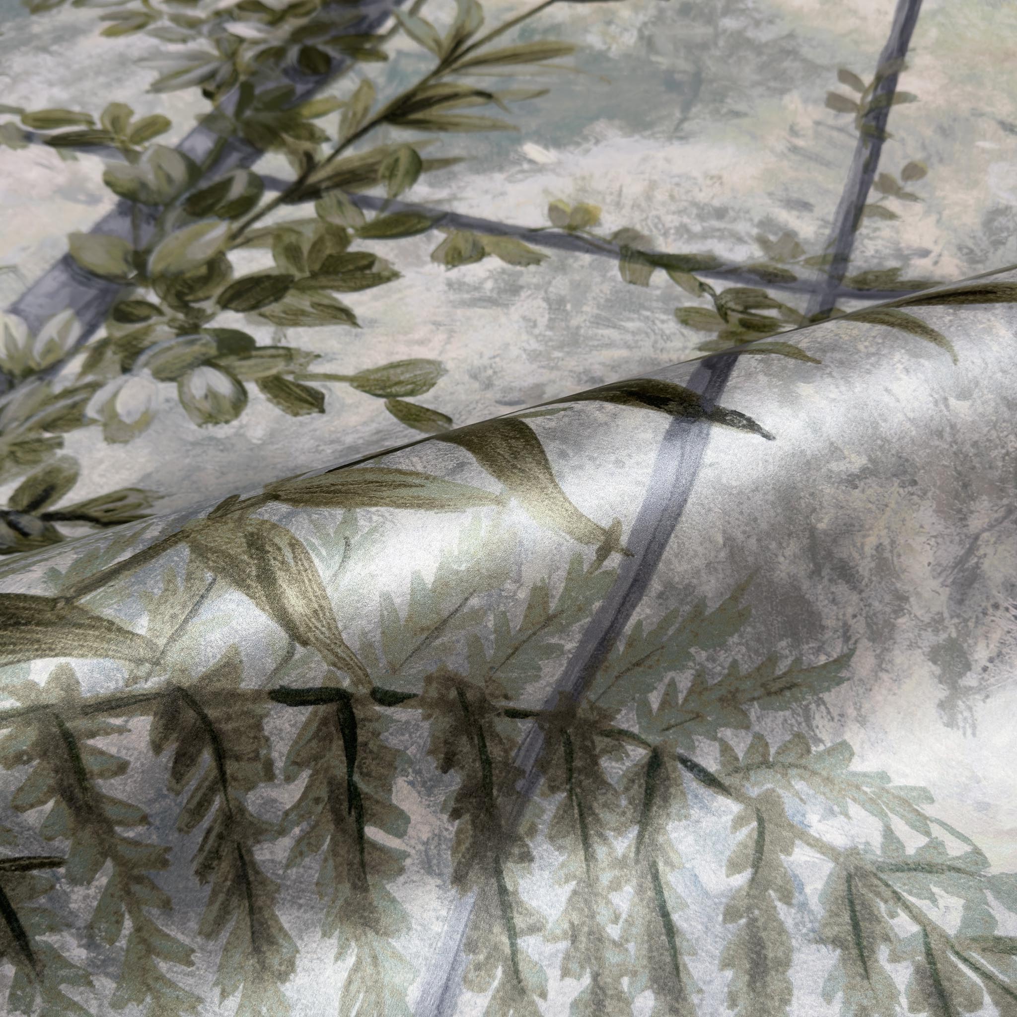 A close up view showing the detail of a pearlescent wallpaper mural which features sunlit conservatory mural in chamomile & sage tones