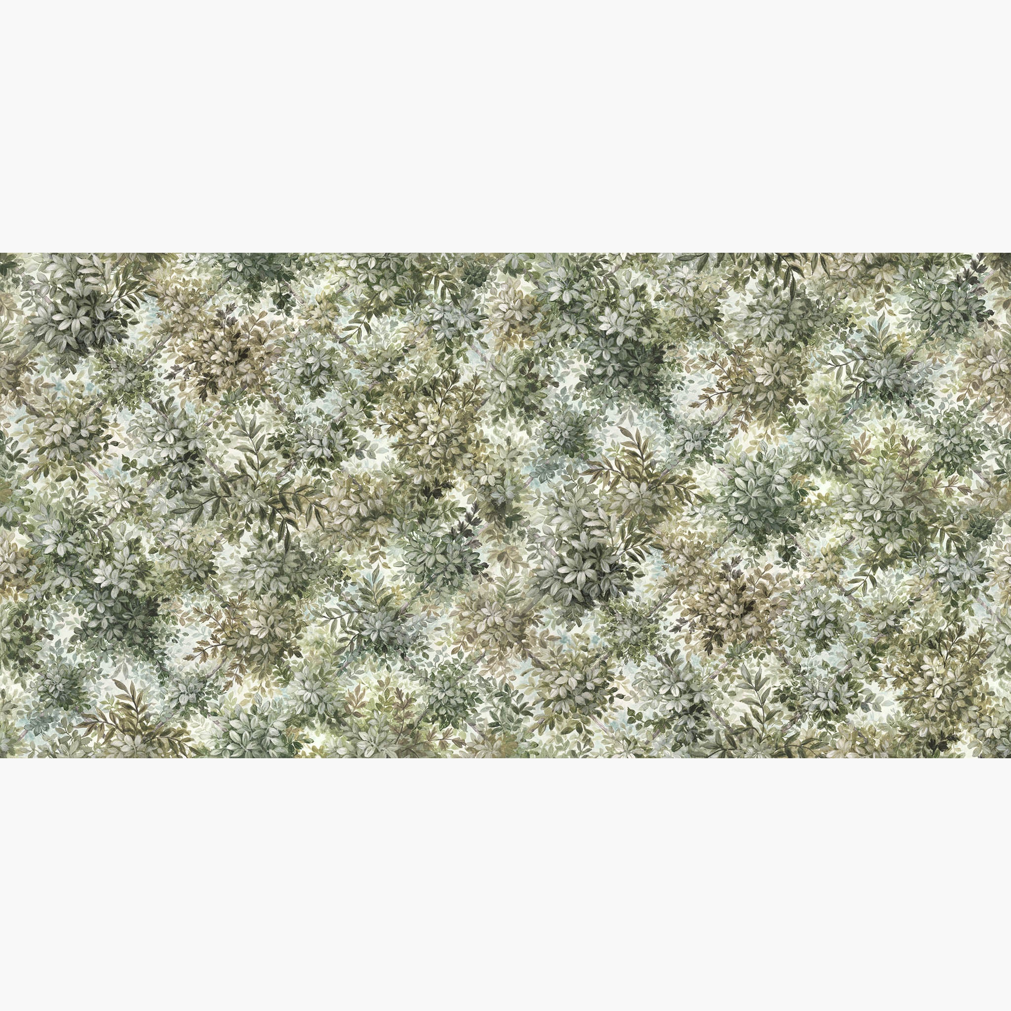 Artwork of a panoramic wallpaper mural featuring tranquil panoramic mural in chamomile, sage, olive, and muted cream.