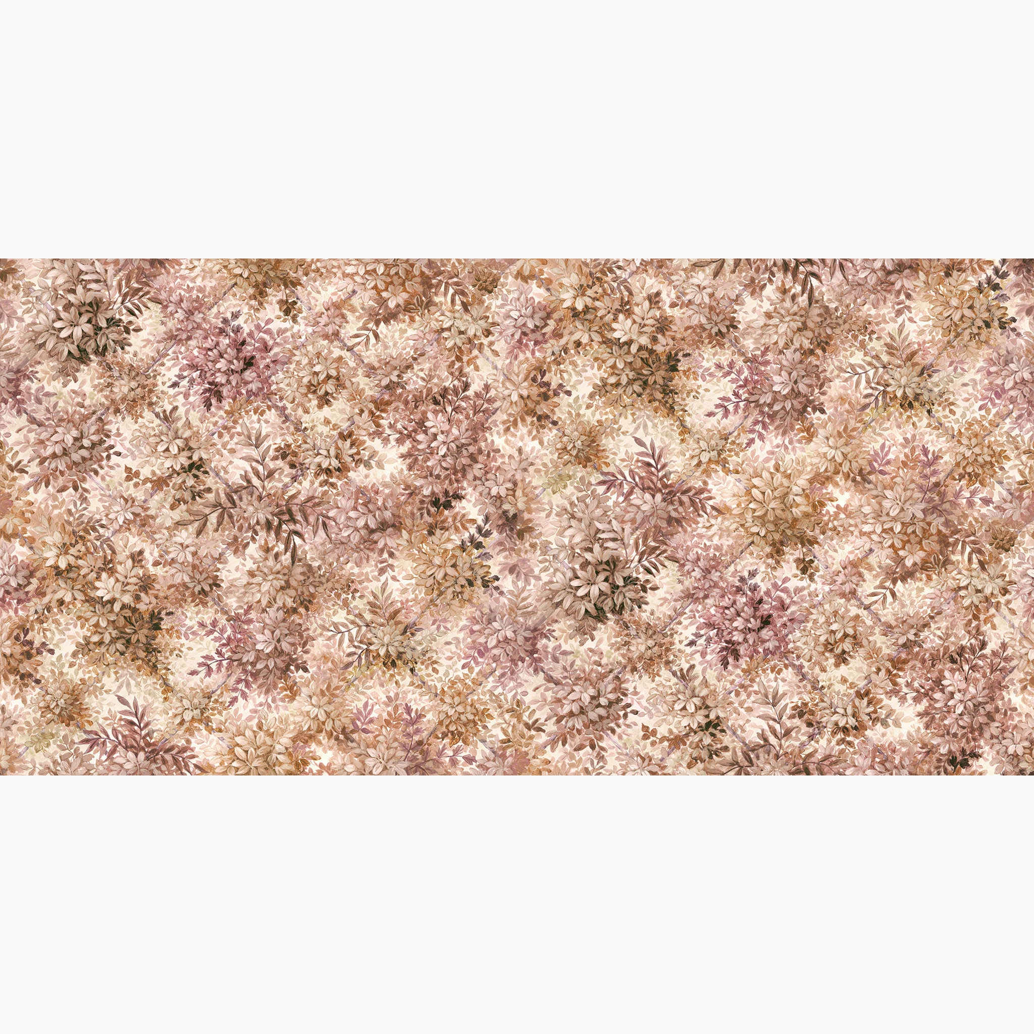 Artwork of a panoramic wallpaper mural featuring sunlit interior mural in saffron and dusky rose, soft painterly foliage.