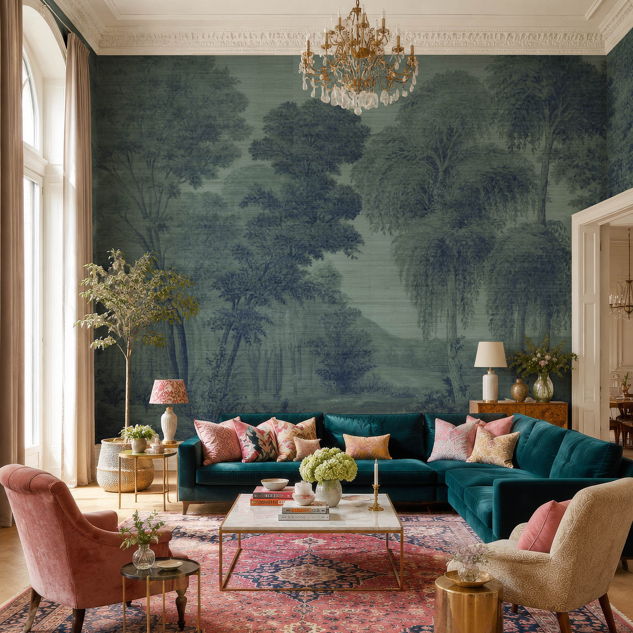 An interior living room featuring a panoramic grasscloth wallpaper mural of deep woodland