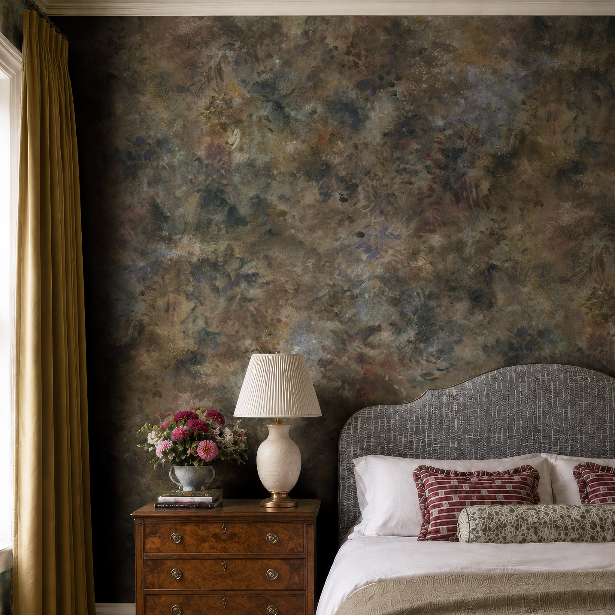 A cropped view of a bedroom featuring a panoramic pearlescent wallpaper mural of misty mural in fennel, sage, olive, indigo and ochre.