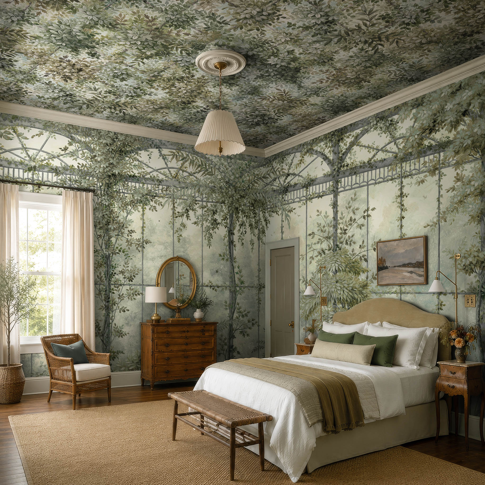 An interior bedroom featuring a panoramic pearlescent wallpaper mural of calm mural in chamomile, sage, olive and cream tones.