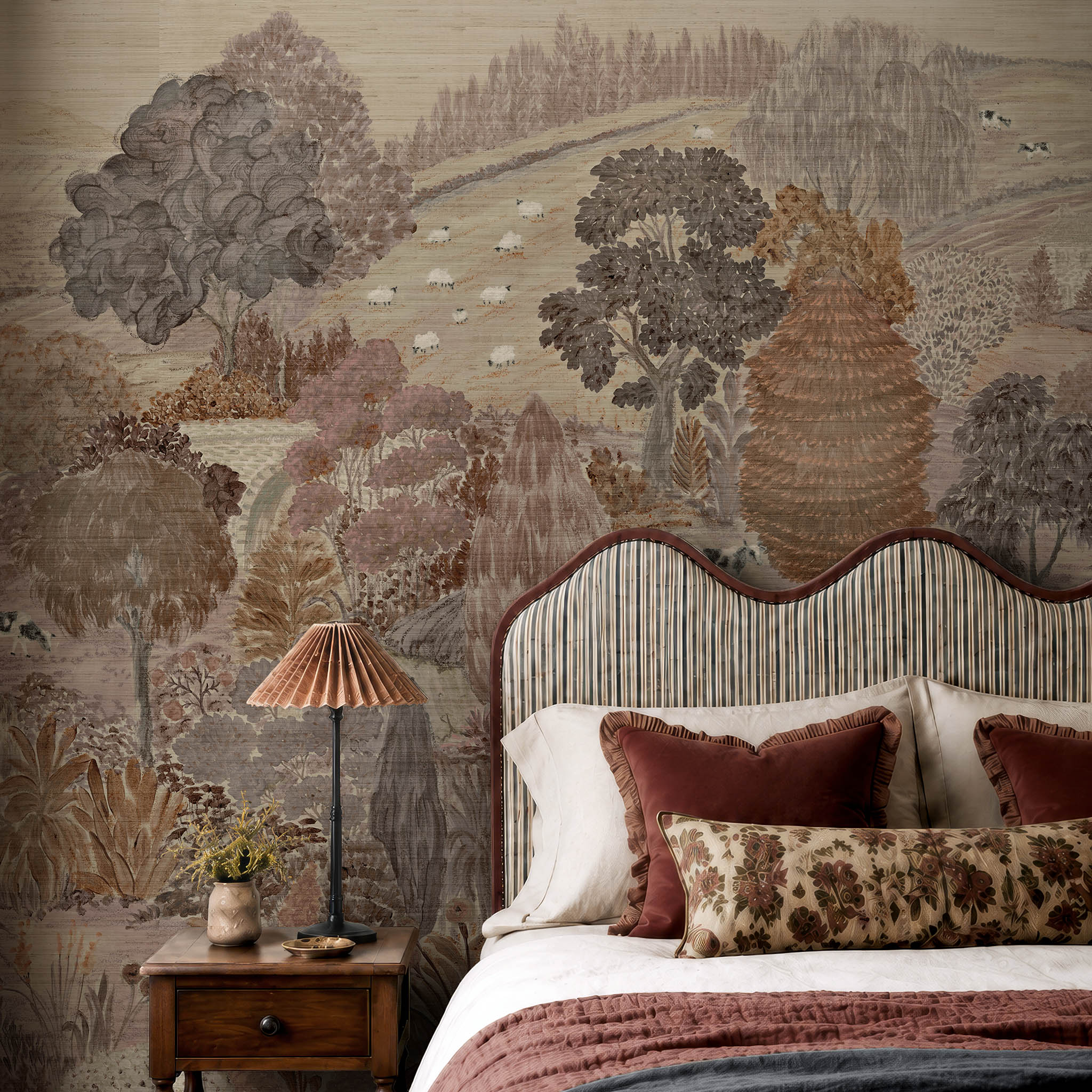 A cropped view of a bedroom featuring a panoramic grasscloth wallpaper mural of ash grey forest